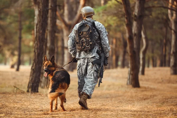 Soldier Military Working Dog Outdoors — Stock Photo, Image