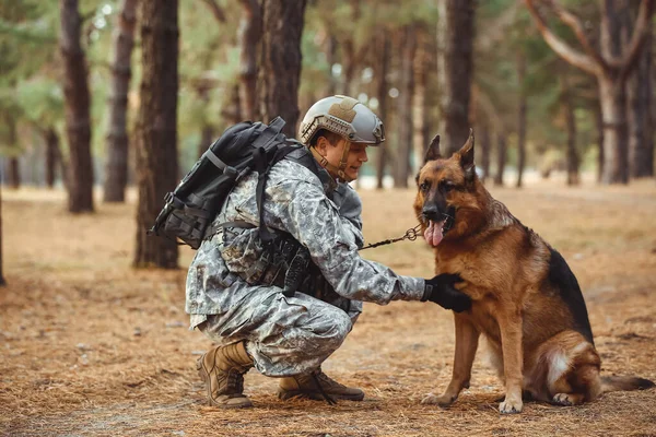 屋外で軍の作業犬を持つ兵士 — ストック写真
