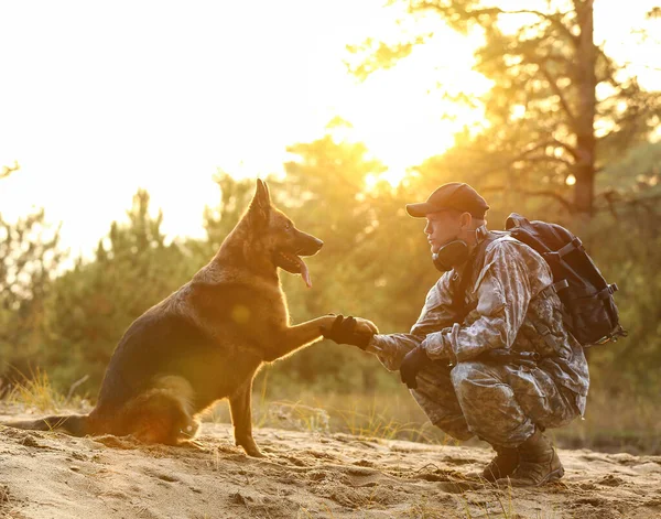 Militar Perro Trabajo Dando Pata Soldado Aire Libre — Foto de Stock
