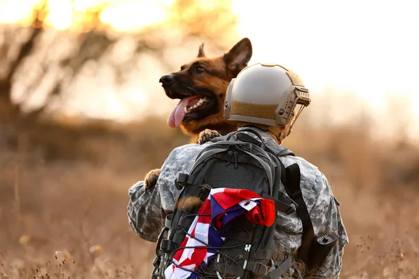 Soldier Military Working Dog Outdoors — Stock Photo, Image