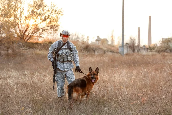 Soldier Military Working Dog Outdoors — Stock Photo, Image