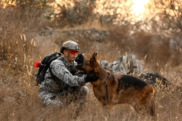 屋外で軍の作業犬を持つ兵士 — ストック写真