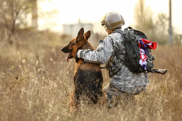 Soldier Military Working Dog Outdoors — Stock Photo, Image
