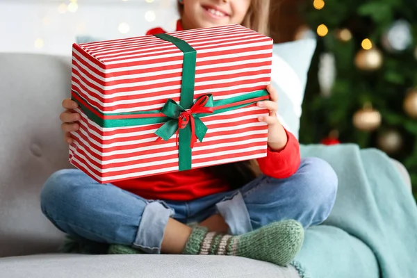 Cute Little Girl Gift Home Christmas Eve — Stock Photo, Image