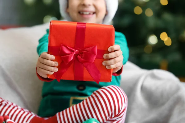 Cute Little Boy Gift Home Christmas Eve — Stock Photo, Image