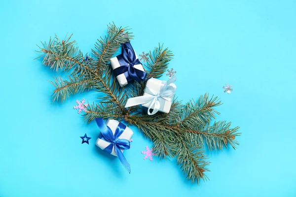 Christmas Composition Gift Boxes Fir Branches Blue Background — Stock Photo, Image