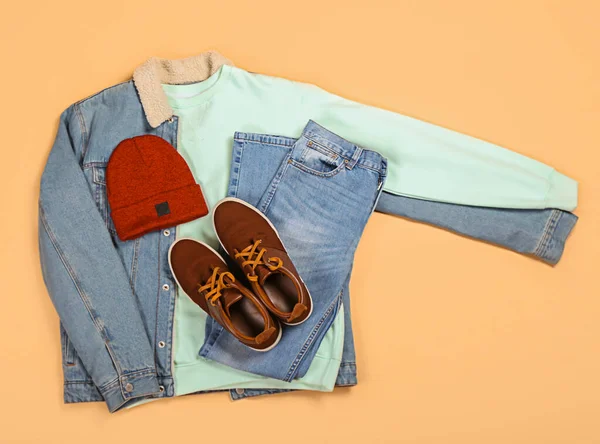 Denim Jacket Sweater Jeans Hat Shoes Color Background — Stock Photo, Image