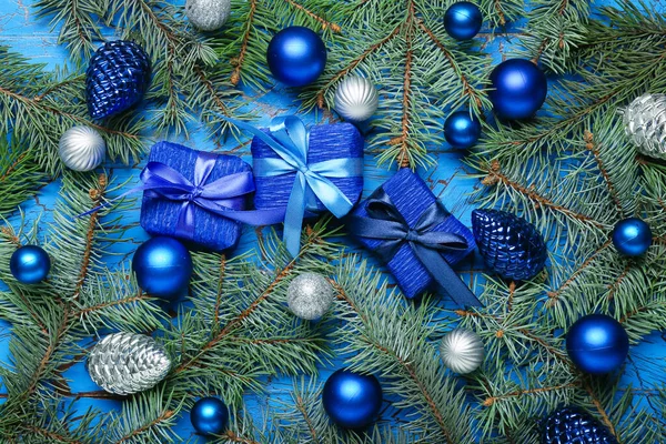 Christmas Gifts Decor Blue Wooden Background — Stock Photo, Image