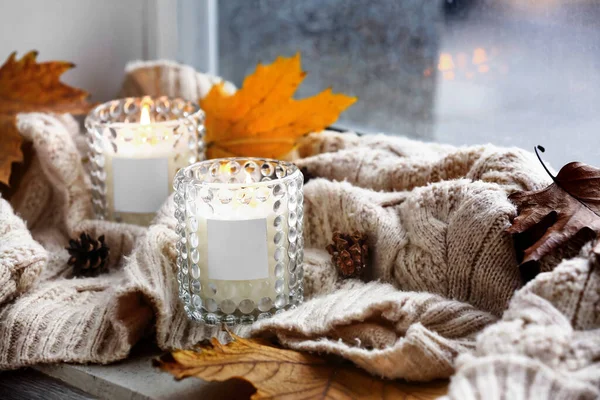 Burning Candles Holders Autumn Decor Windowsill Room — Stock Photo, Image