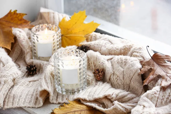 Burning Candles Holders Autumn Decor Windowsill Room — Stock Photo, Image