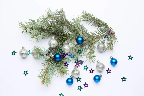 Fir Tree Branches Beautiful Christmas Decor White Background — Stock Photo, Image