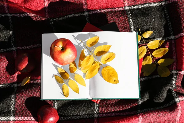 Opened Book Apple Autumn Leaves Plaid — Stock Photo, Image
