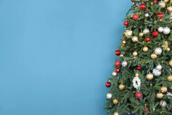 Beautiful Decorated Christmas Tree Blue Background — Stock Photo, Image