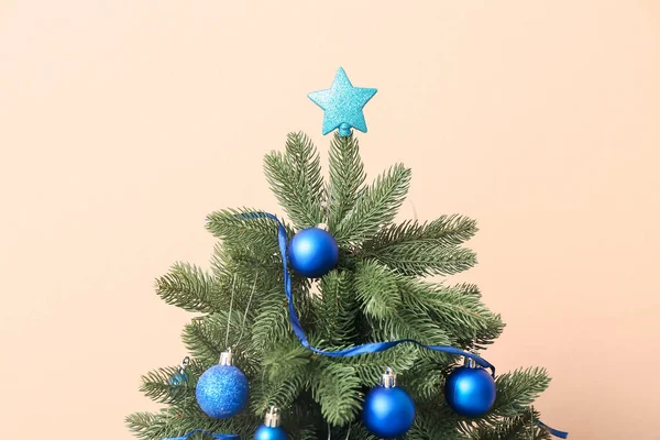 Beautiful Christmas Tree Blue Decor Beige Background — Stock Photo, Image