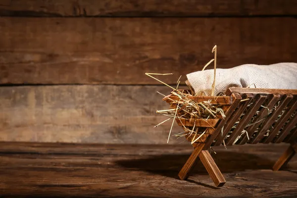 Krippe Mit Baby Auf Holzgrund Konzept Der Weihnachtsgeschichte — Stockfoto