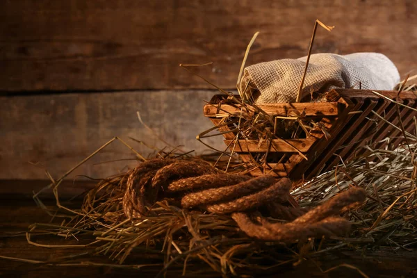 Wieg Met Baby Houten Ondergrond Concept Van Het Kerstverhaal — Stockfoto