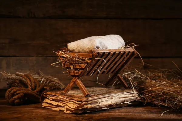 Manger Baby Old Book Wooden Background Concept Christmas Story — Stock Photo, Image