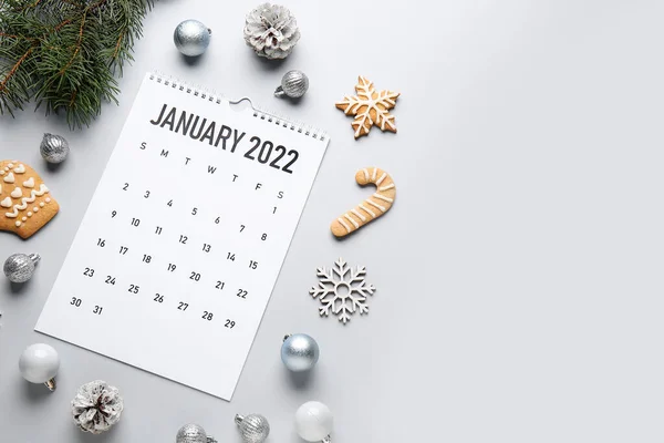 Paper Calendar January 2022 Christmas Decor Grey Background — Stock Photo, Image