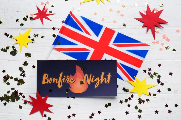 Вітальна Листівка Текстом Bonfire Night Прапор Великої Британії Конфетті Легкому — стокове фото