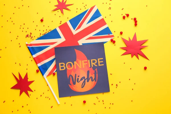 Вітальна Листівка Текстом Bonfire Night Прапор Великої Британії Конфетті Жовтому — стокове фото