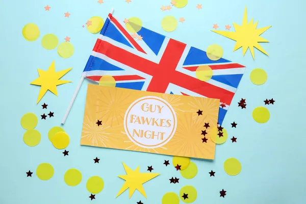 Вітальна Листівка Гая Фокса Прапор Великої Британії Конфетті Кольоровому Тлі — стокове фото