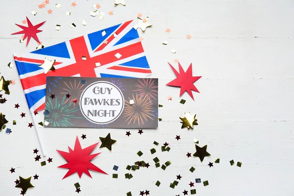 Вітальна Листівка Гая Фокса Прапор Великої Британії Блискуче Конфетті Легкому — стокове фото