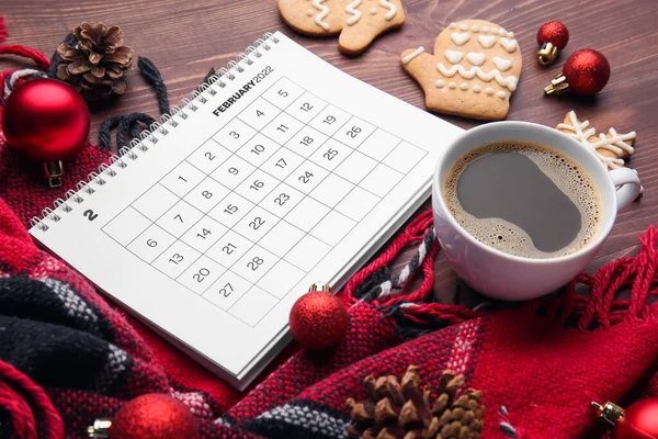 Calendario Papel Para Febrero 2022 Taza Café Cuadros Decoración Navidad — Foto de Stock