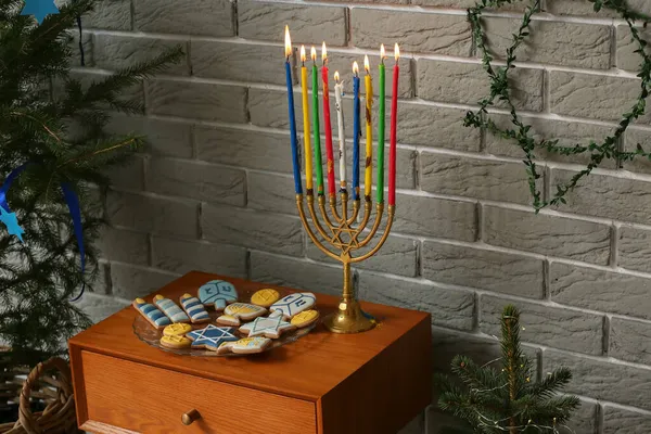 Menorah Cookies Hanukkah Celebration Table Room — ストック写真
