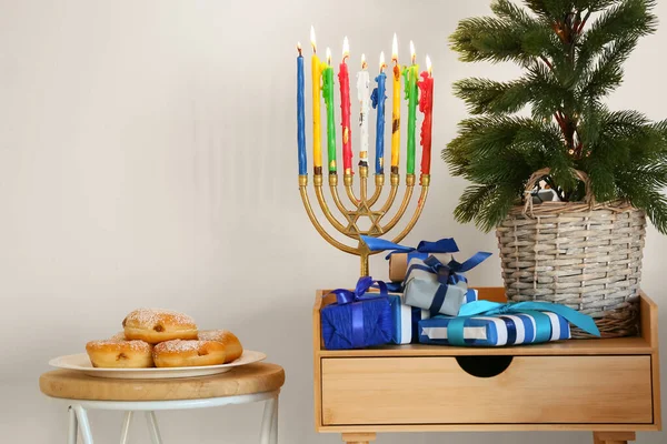 Menorah Donuts Gifts Hanukkah Celebration Room — Stock Photo, Image