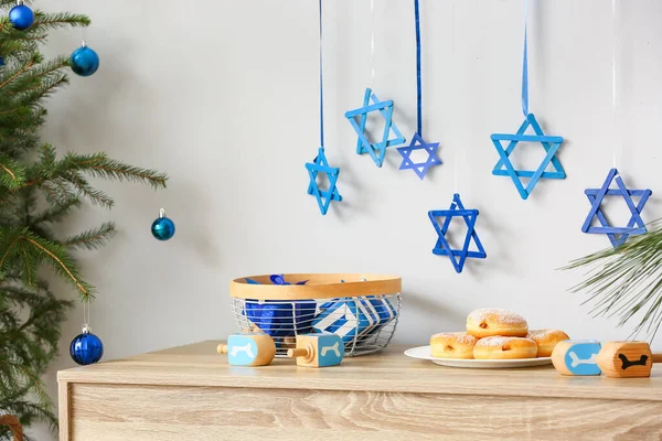 Donuts Dreidels Gifts Hanukkah Celebration Table Room — Stock Photo, Image