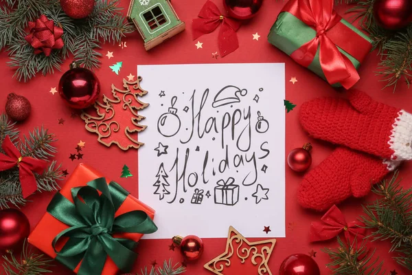 Ευχετήρια Κάρτα Κείμενο Happy Holidays Κουτιά Δώρων Και Χριστουγεννιάτικη Διακόσμηση — Φωτογραφία Αρχείου