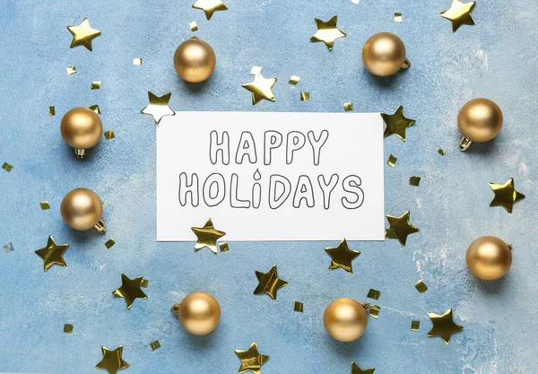 Cartão Saudação Com Texto Happy Holidays Bolas Natal Confetes Sobre — Fotografia de Stock