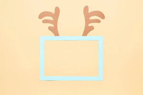 Blank Frame Cute Reindeer Horns Color Background — Stock Photo, Image