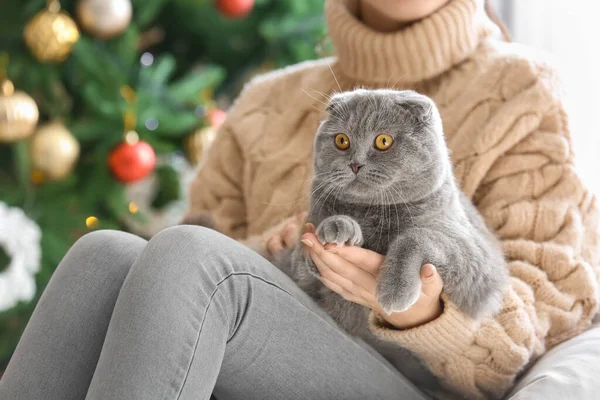 Frau Mit Süßer Scottish Fold Katze Heiligabend Hause — Stockfoto