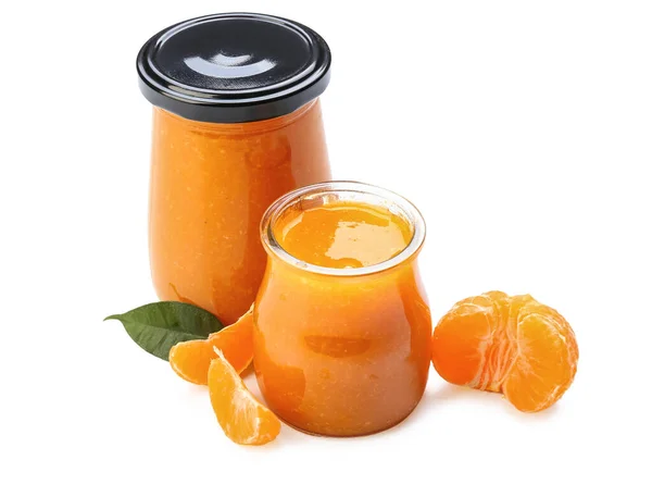 Jars Tasty Tangerine Jam White Background — Stock Photo, Image