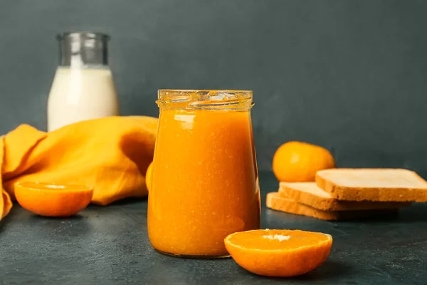 Jar Tasty Tangerine Jam Dark Background — Stock Photo, Image