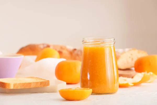 Jar Delicious Tangerine Jam Table — Stock Photo, Image