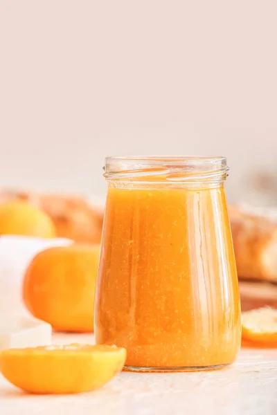 Jar Tasty Tangerine Jam Table Closeup — Stock Photo, Image