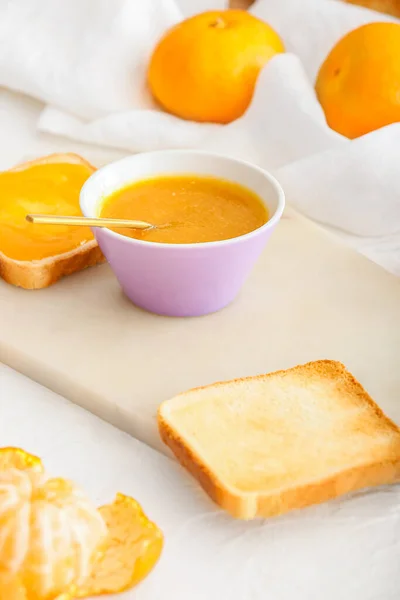 Bowl Tasty Tangerine Jam Bread Table Closeup — Stock Photo, Image