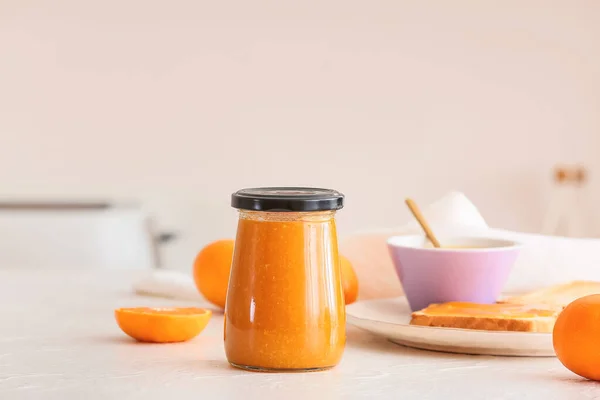 Jar Delicious Tangerine Jam Table — Stock Photo, Image