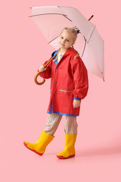 Little Girl Stylish Raincoat Umbrella Color Background — Stock Photo, Image