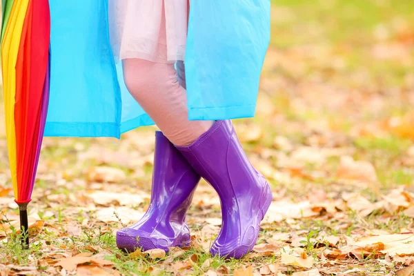 Little Girl Stylish Rubber Boots Umbrella Walking Autumn Park — Stock Photo, Image