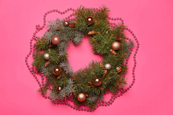 Beautiful Christmas Wreath Made Fir Branches Balls Pink Background — Stock Photo, Image