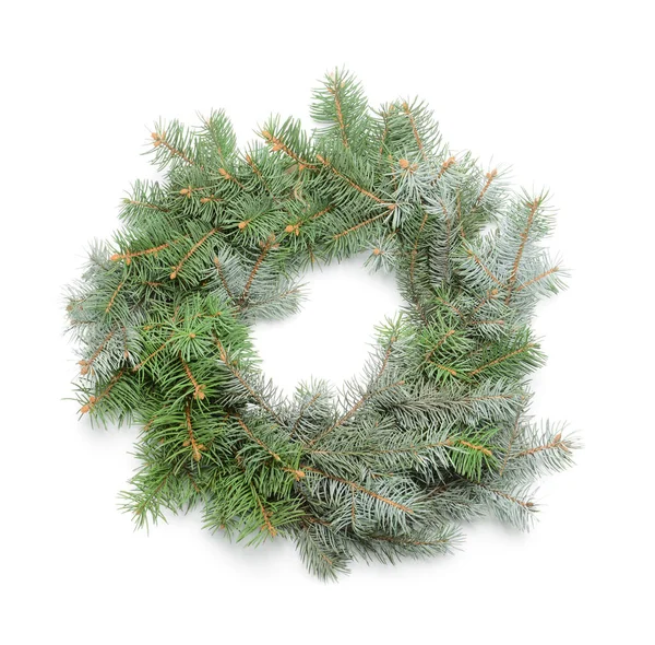 Beautiful Christmas Wreath Made Fir Branches White Background — Stock Photo, Image