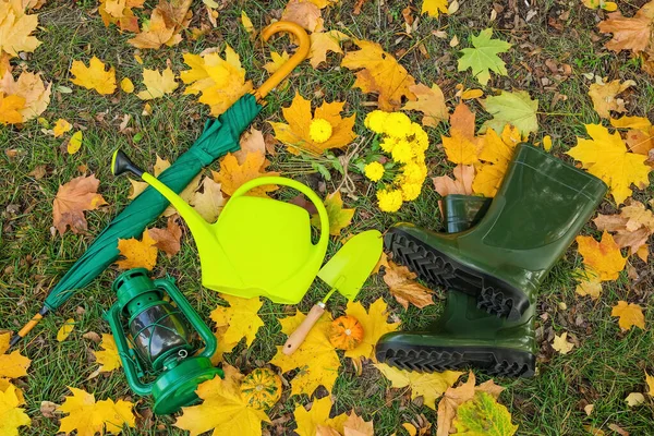 Watering Can Umbrella Lantern Gumboots Autumn Park — Stock Photo, Image