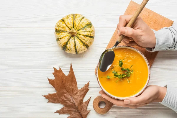 Woman Eating Tasty Pumpkin Cream Soup White Wooden Background — Stock Photo, Image