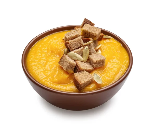 Bowl Tasty Pumpkin Cream Soup White Background — Stock Photo, Image