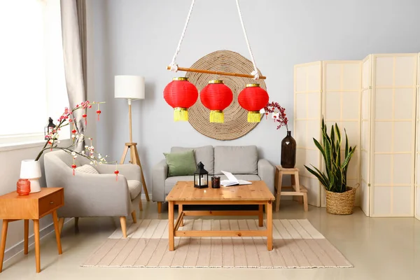 Interiér Obývacího Pokoje Zdobené Pro Oslavu Čínského Nového Roku — Stock fotografie