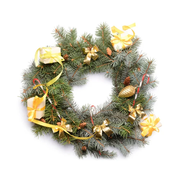 Beautiful Christmas Wreath Made Fir Branches Decor White Background Royalty Free Stock Images