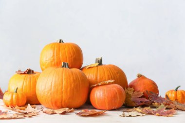 Taze balkabakları ve arkaplanda düşen yapraklar